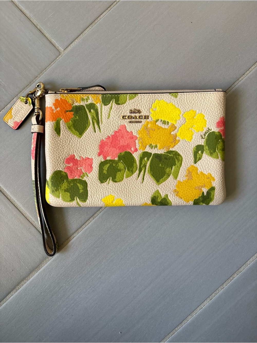 COACH Floral Leather Wristlet in Cream with Yellow, Pink & Green